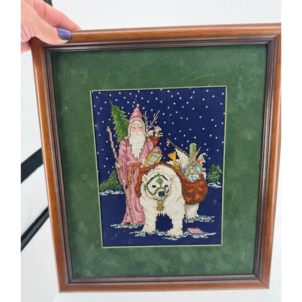 Vintage Santa Cross Stitch‎ Framed Needlepoint Folk Art Christmas Wall Decor